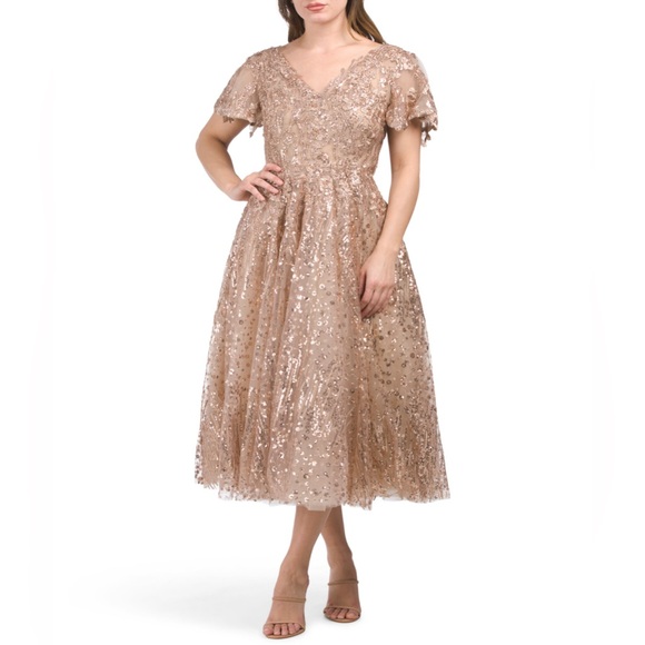 Mac Duggal Dresses & Skirts - MAC DUGGAL V NECK SEQUIN EMBROIDERED FIT AND FLARE TAUPE MIDI DRESS